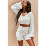 Imcute Faux Fur 2 Piece V-neck Pullover Long Sleeve Crop Tops+Hight Waist Shorts Sets