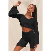 Imcute Faux Fur 2 Piece V-neck Pullover Long Sleeve Crop Tops+Hight Waist Shorts Sets