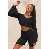 Imcute Faux Fur 2 Piece V-neck Pullover Long Sleeve Crop Tops+Hight Waist Shorts Sets