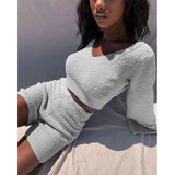 Imcute Faux Fur 2 Piece V-neck Pullover Long Sleeve Crop Tops+Hight Waist Shorts Sets