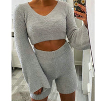 Imcute Faux Fur 2 Piece V-neck Pullover Long Sleeve Crop Tops+Hight Waist Shorts Sets