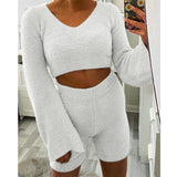 Imcute Faux Fur 2 Piece V-neck Pullover Long Sleeve Crop Tops+Hight Waist Shorts Sets