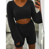 Imcute Faux Fur 2 Piece V-neck Pullover Long Sleeve Crop Tops+Hight Waist Shorts Sets