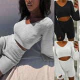 Imcute Faux Fur 2 Piece V-neck Pullover Long Sleeve Crop Tops+Hight Waist Shorts Sets