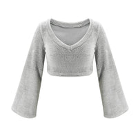 Imcute Faux Fur 2 Piece V-neck Pullover Long Sleeve Crop Tops+Hight Waist Shorts Sets