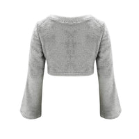 Imcute Faux Fur 2 Piece V-neck Pullover Long Sleeve Crop Tops+Hight Waist Shorts Sets