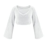 Imcute Faux Fur 2 Piece V-neck Pullover Long Sleeve Crop Tops+Hight Waist Shorts Sets