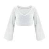 Imcute Faux Fur 2 Piece V-neck Pullover Long Sleeve Crop Tops+Hight Waist Shorts Sets