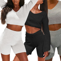 Imcute Faux Fur 2 Piece V-neck Pullover Long Sleeve Crop Tops+Hight Waist Shorts Sets