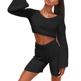 Imcute Faux Fur 2 Piece V-neck Pullover Long Sleeve Crop Tops+Hight Waist Shorts Sets