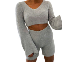 Imcute Faux Fur 2 Piece V-neck Pullover Long Sleeve Crop Tops+Hight Waist Shorts Sets