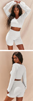 Imcute Faux Fur 2 Piece V-neck Pullover Long Sleeve Crop Tops+Hight Waist Shorts Sets