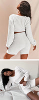 Imcute Faux Fur 2 Piece V-neck Pullover Long Sleeve Crop Tops+Hight Waist Shorts Sets