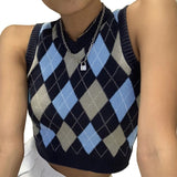 Y2k Top Argyle Sweater Crop Vest