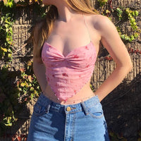 Pink Flower Print Cute Mesh Halter Tops