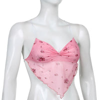 Pink Flower Print Cute Mesh Halter Tops