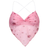 Pink Flower Print Cute Mesh Halter Tops