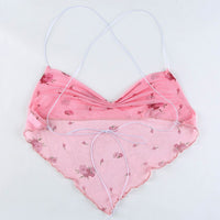 Pink Flower Print Cute Mesh Halter Tops