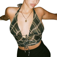 Y2k Front Tie Camisole Checkered Halter Backless Sexy Crop Top