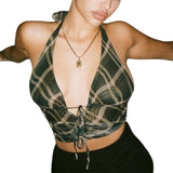 Y2k Front Tie Camisole Checkered Halter Backless Sexy Crop Top