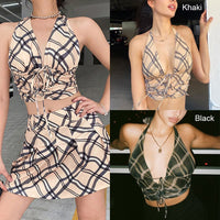 Y2k Front Tie Camisole Checkered Halter Backless Sexy Crop Top