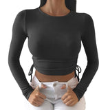 Long Sleeve Side Drawstring O Neck Sexy Crop Tops