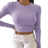 Long Sleeve Side Drawstring O Neck Sexy Crop Tops