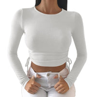 Long Sleeve Side Drawstring O Neck Sexy Crop Tops