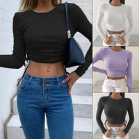 Long Sleeve Side Drawstring O Neck Sexy Crop Tops