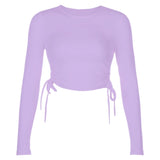 Long Sleeve Side Drawstring O Neck Sexy Crop Tops