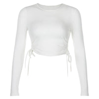 Long Sleeve Side Drawstring O Neck Sexy Crop Tops