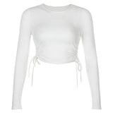 Long Sleeve Side Drawstring O Neck Sexy Crop Tops