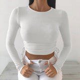 Long Sleeve Side Drawstring O Neck Sexy Crop Tops