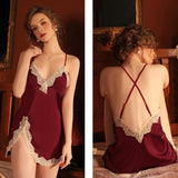 Deep V Imitation Silk Stitching Lace Nightdress