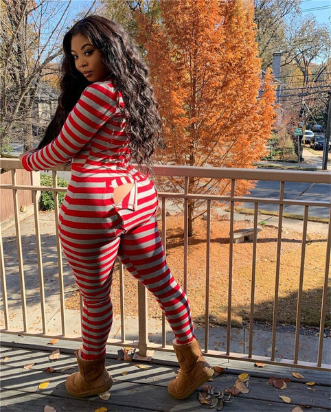 Imcute Sexy Striped Print Jumpsuit Long Sleeve Butt Flap Romper Pajamas