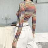 Hollow Out Crop Tops Long Sleeve Striped Skinny