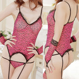 Rose Red Leopard Print 6-piece Set Sexy Stockings Transparent Underwear Net