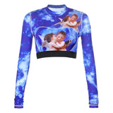 Angel Printed  Long Sleeve Turtle Neck Crop Top