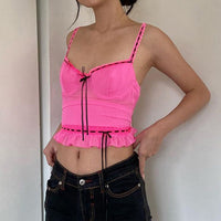 See Through Sexy Y2K Tops Ruffles Lace Trim Pink