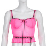 See Through Sexy Y2K Tops Ruffles Lace Trim Pink