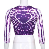 E Girl Tie Dye Crop Tops O Neck Purple Printed